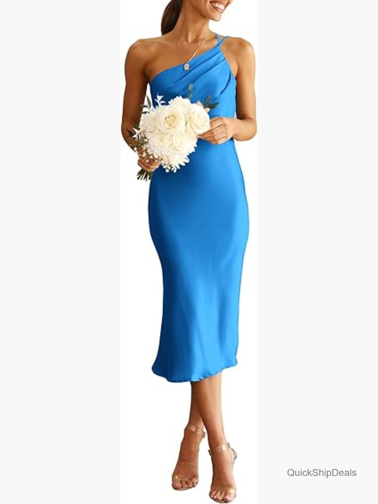 Satin Midi Dress One Shoulder Spaghetti Strap Backless Ruched Bodycon